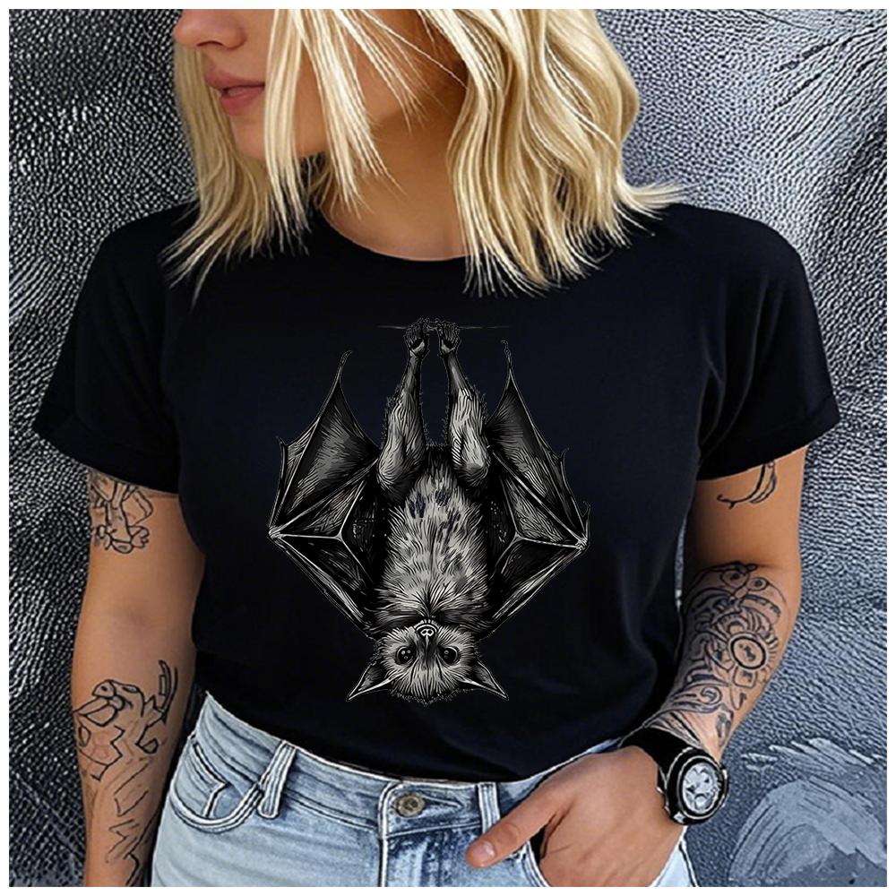 Womens Cotton  Animal Bat Print Tshirt Loose Round Neck Casual Short Sleeve Fashion Top  Clothing Summer