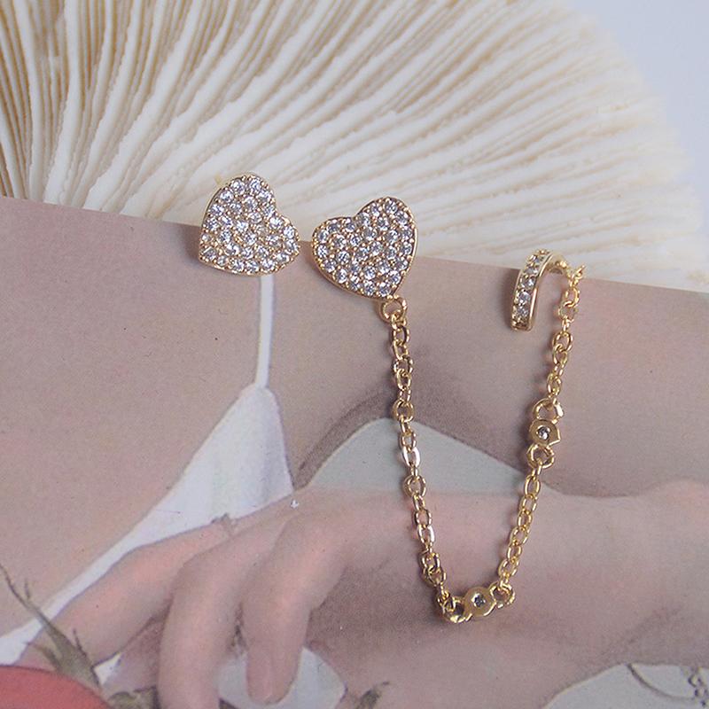 Koreanischer Modeschmuck exquisite 14K Echtgold Zirkon Ohrringe süße Liebe asymmetrische Kette Ohrknorpel Clip Damen Ohrringe