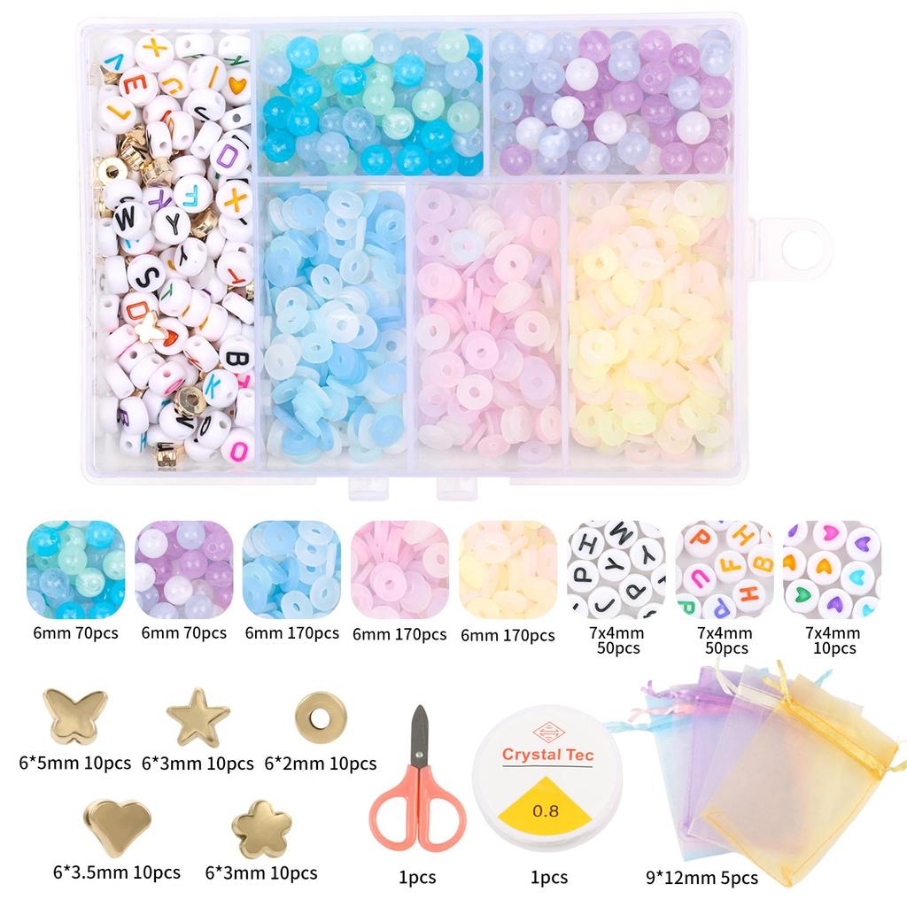 1set 6 Grid 6mm Acrylic Bead Letter Kit Flat Circular Transparent Polymer Clay Bead for Jewelry Making Kit with DIY Bracelet Necklace Elastic Rope Box