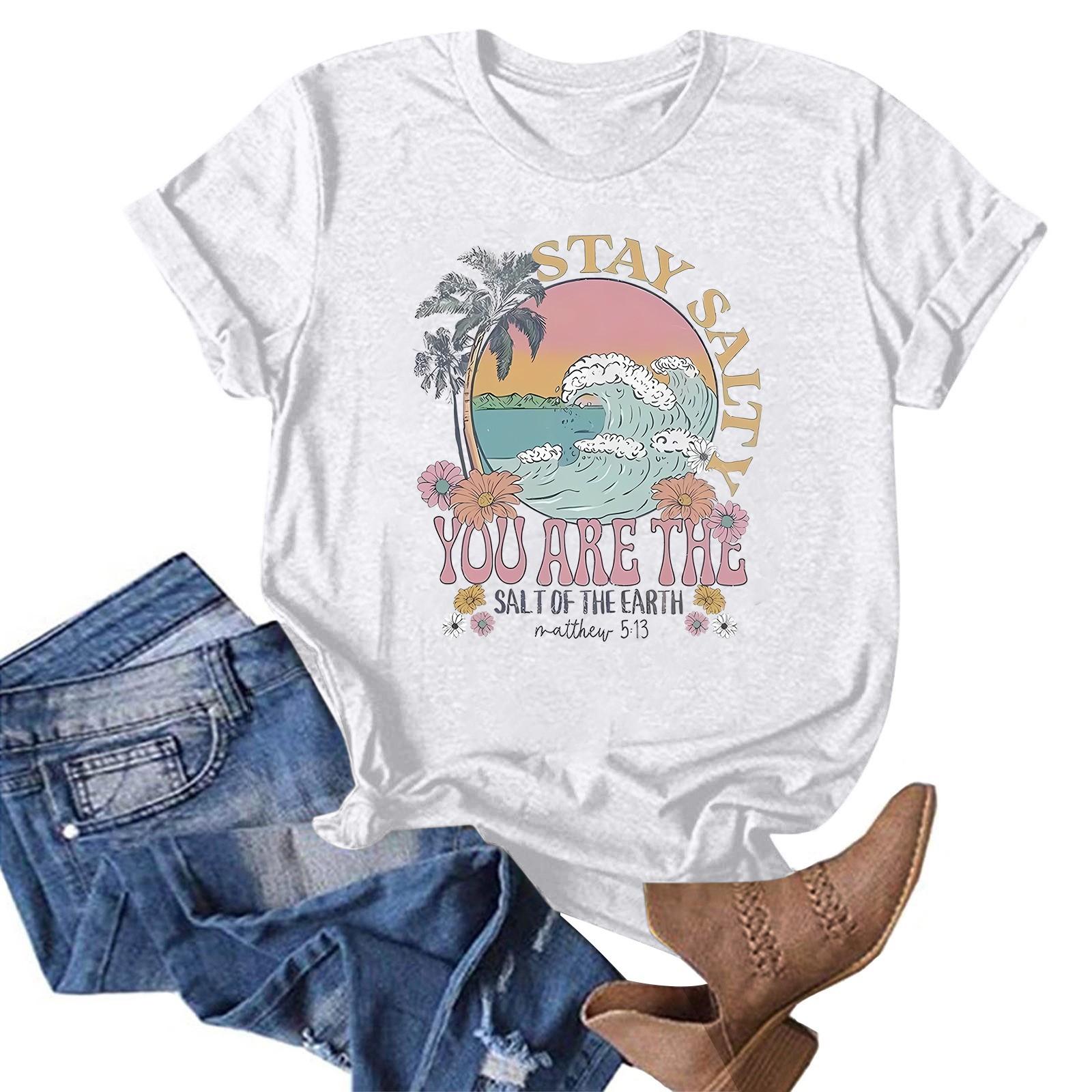 

Жіноча модна повсякденна літня зручна блузка з круглим вирізом і коротким рукавом з принтом XL білий