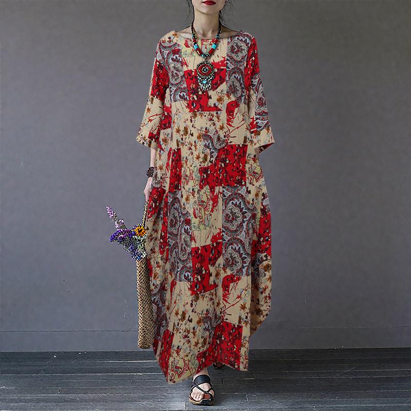 

ZANZEA Женское повседневное хлопковое платье свободного кроя с круглым вырезом и рукавами 3/4 с принтом S красный