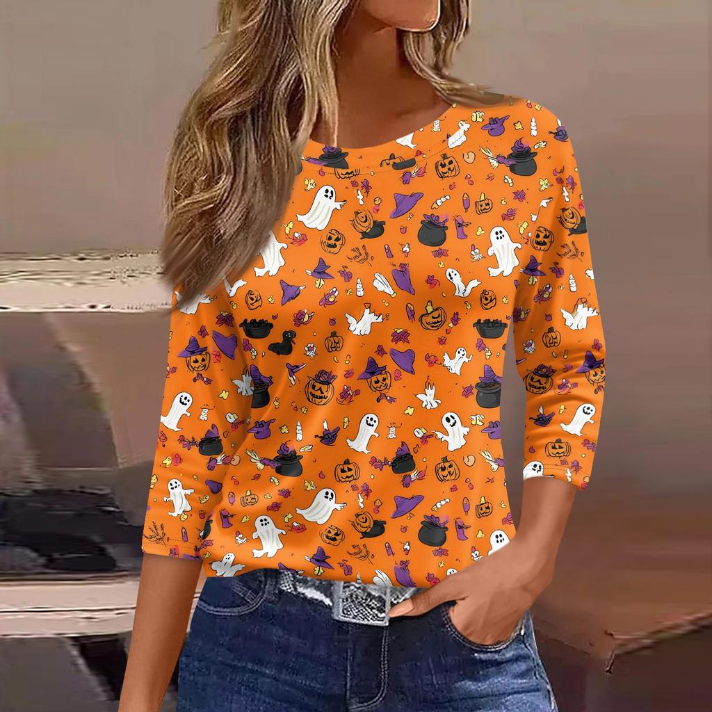 Women's 3/4 Sleeve Loose Fit Casual Shirt Round Neck Pullover Top Halloween Print Graphic T-Shirt for Everyday Wear