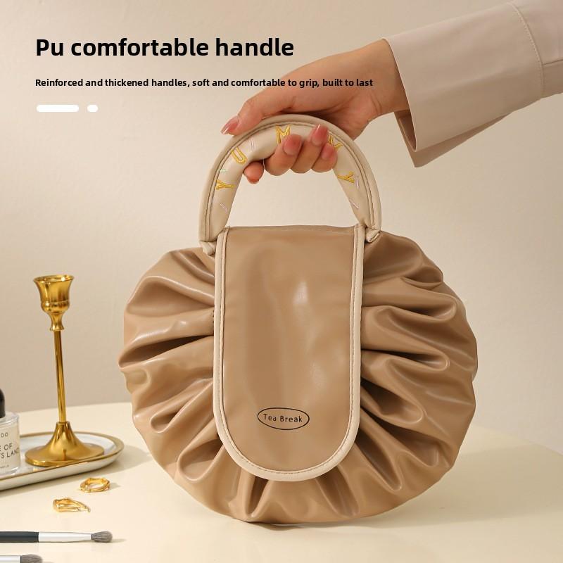 Modern Minimalist Pu Travel Makeup Bag With Drawstring For Cosmetic Storage And Toiletries