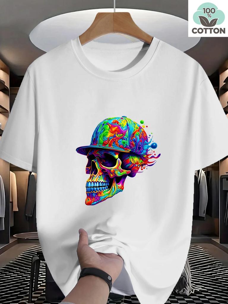 Unisexs 100 Cotton Tshirt With Neon Rainbow Skull Baseball Cap Design Casual Everyday Street Style Shortsleeved Top