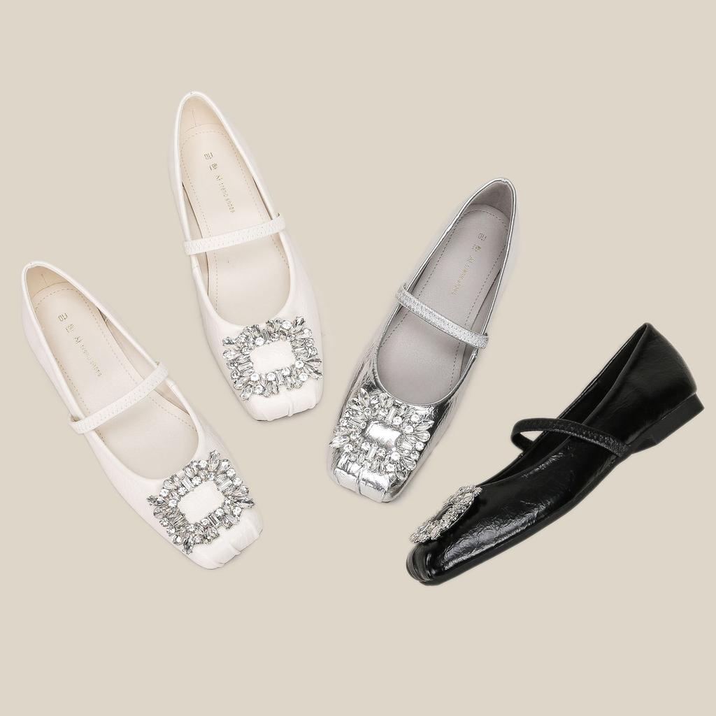 H83-3 silver casual women's shoes soft sole with large rhinestone square head shoes children's Internet celebrity ballet shoes Doudou shoes
