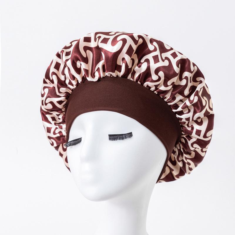 European American Print Satin Sleep Cap - Wide Brim Silky Hair Protection Hat for Women