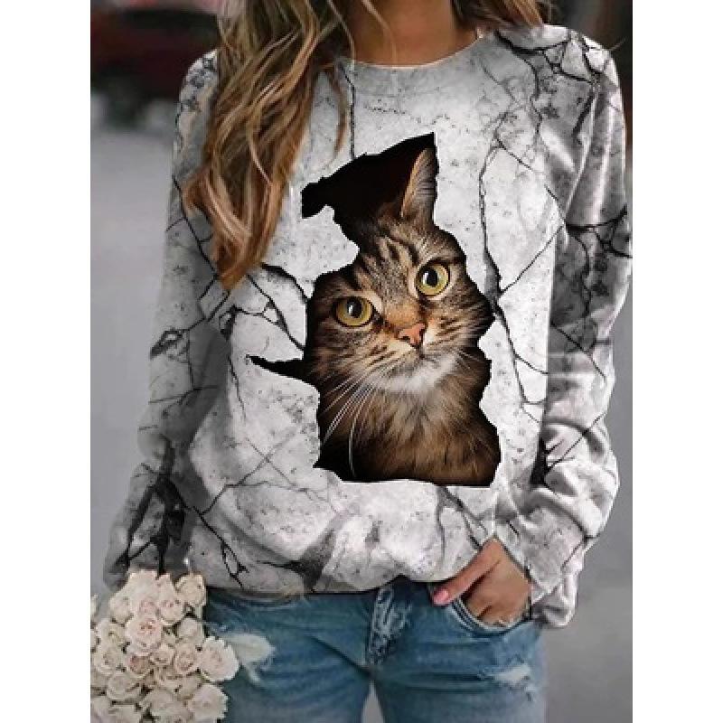 Höst 3D Katt Tryckta Sweatshirts Trendiga Casual Sport Långärmade Dam Sweatshirts