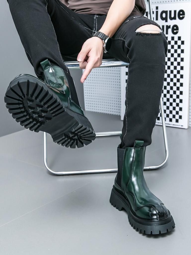 Men’s Chelsea Thick Sole Platform Punk Green Leather Boots Elevator Street Style Big Head Motorcycle Boots High Boots Plus Size