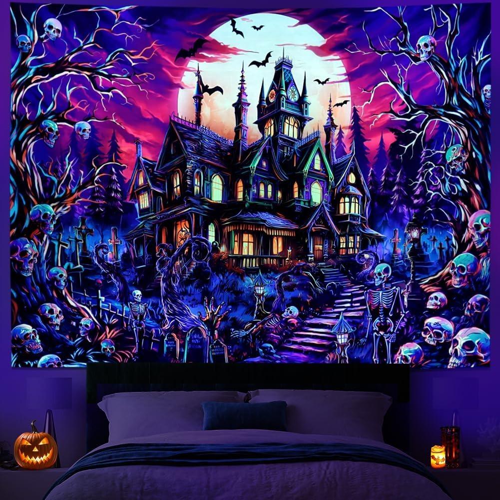Blacklight Halloween Horror Fluorescent Tapestry UV Reaction Luminescence Halloween Mural Art Decoration Gothic Castle 100X70CM