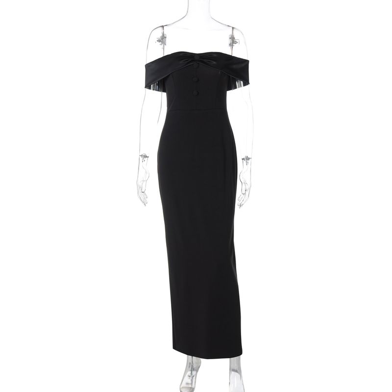 

Shemoda Fashion Style Sexy Flanging off-Neck Tube Top Dress Women s Back Zipper High Waist Slim Fit Long Dress Black S