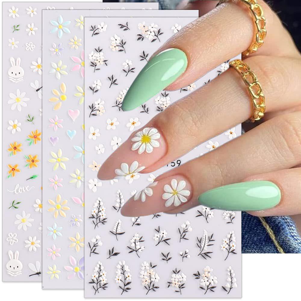 3 5D embossed daisy nail art stickers, floral nail art decals 3D self-adhesive nail art jewelry spring color