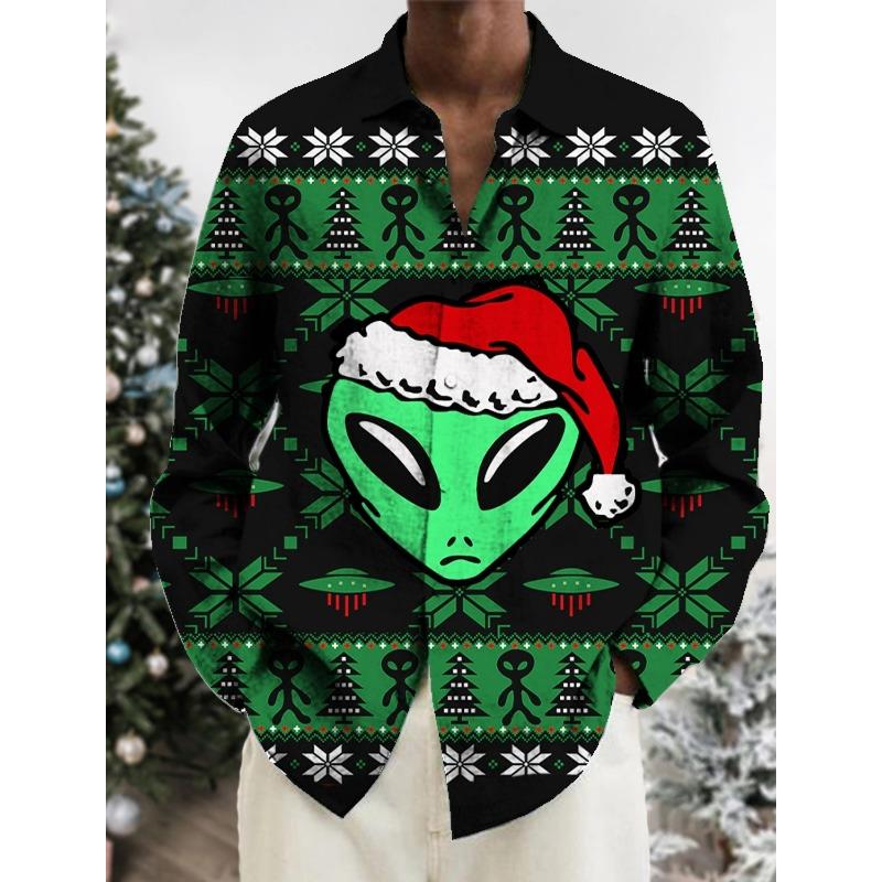 Man Christmas Scene Print Shirt Santa Claus Deer Lapel 3D Outdoor Long Sleeve Button-Up Print Fashion Designer Style