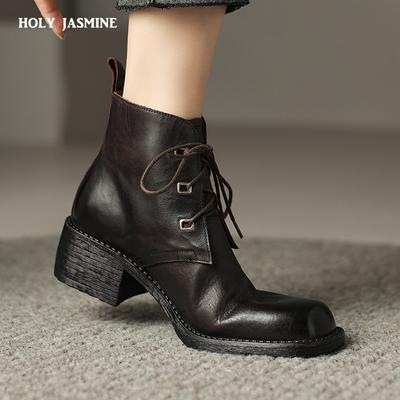 2024 Thick High Heels Women Short Boots Fashion Design Genuine Leather Shoes Woman Lace-up Autumn Winter Office Lady Retro Boots