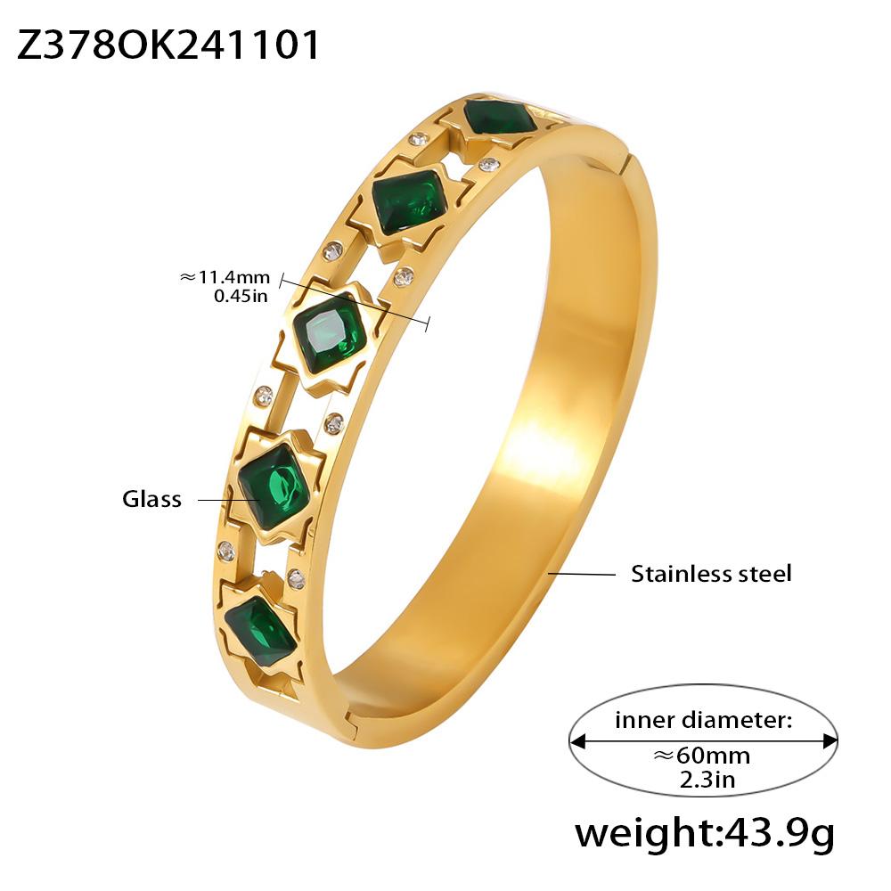 Openable Stainless Steel Bracelets For Women 18k Gold Plated Inlaid Square Zircon And Glass Stone Hollowed Women's Cuff Bracelet