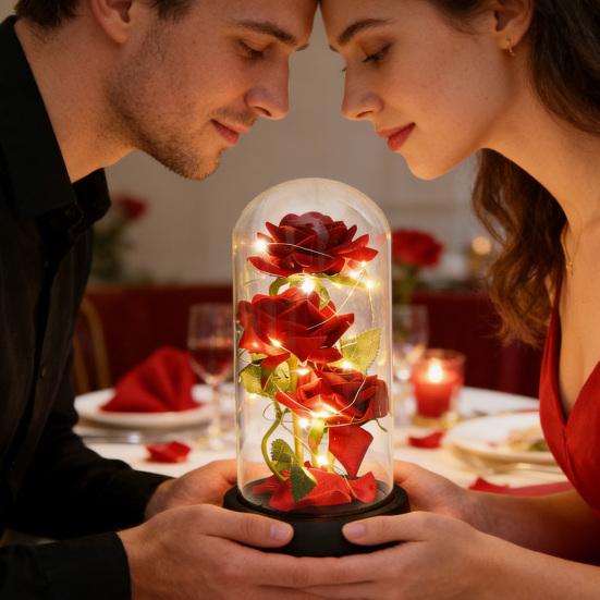 Preserved Rose In Glass Dome with LED Light Artificial Red Rose Decoration Valentine's Day Mother's Day Mom Women Wife Her Gifts