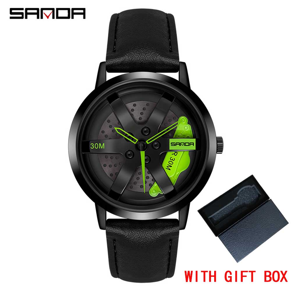 Regarder SANDA Mens Watch Rim Hub Watch Wheel Wristwatch Clock Sport Car Creative 360° Spinning Men Wrist Watch Reloj de hombre