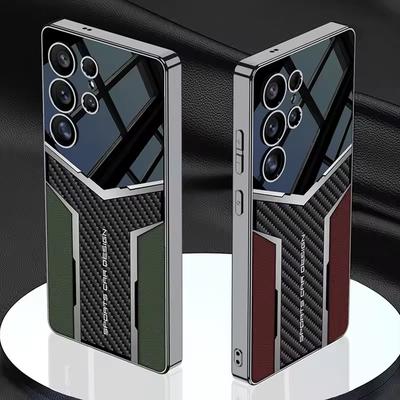 Electroplated Leather Business Shockproof Case for Samsung S25 S24 S23 Ultra Luxury Carbon Fiber Leather Stitching Phone Cover
