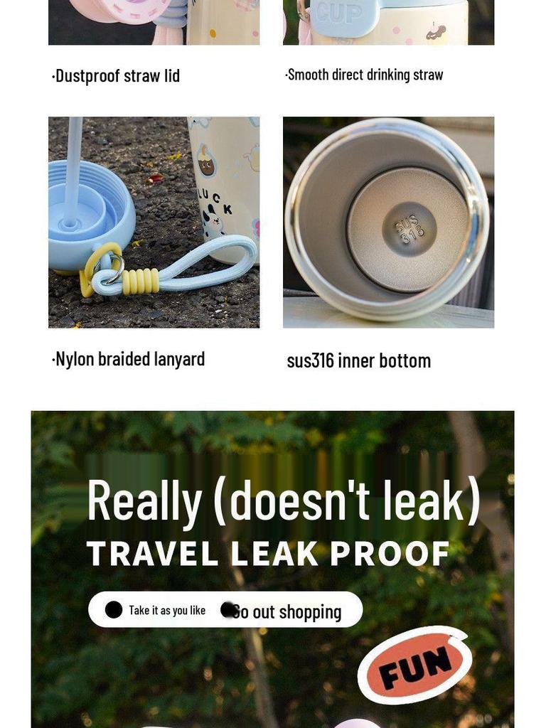 2025 Stainless Steel Cartoon Insulated Water Bottle, Large Capacity, Portable with Rope