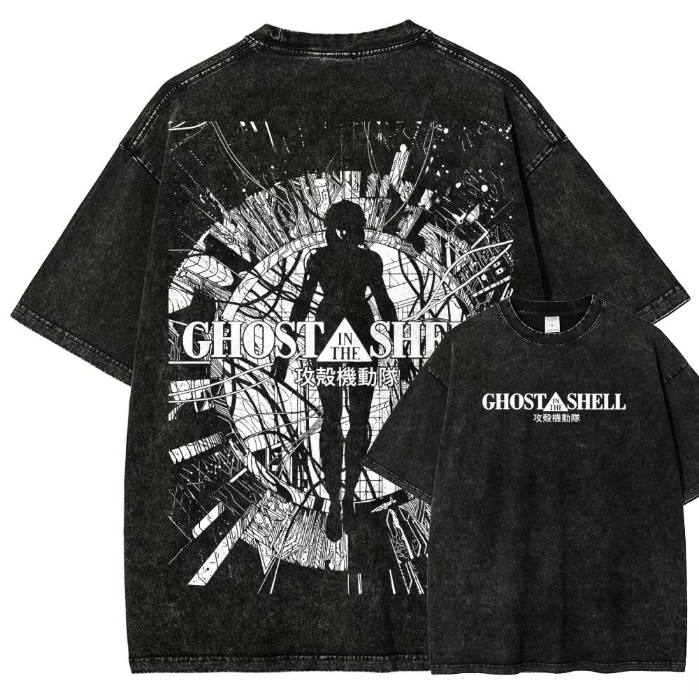 Maglietta Ghost In The Shell Vintage Lavata Unisex Oversize Anime Streetwear Cotone Morbido Manica Corta T-shirt Abbigliamento Regalo Top Caldo