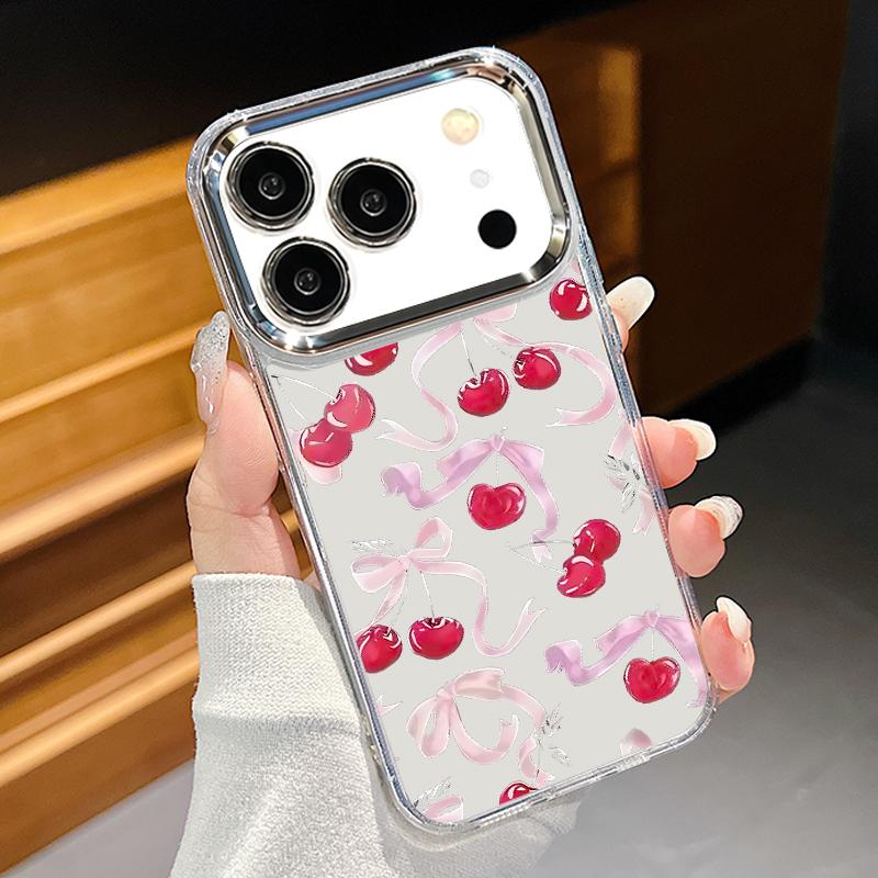 Bowknots Cherry Pattern Case For iPhone 17 Pro Max Plating Lens Frame Clear Soft Cover For iPhone 16 15 14 13 Pro Max 11 16E 17E