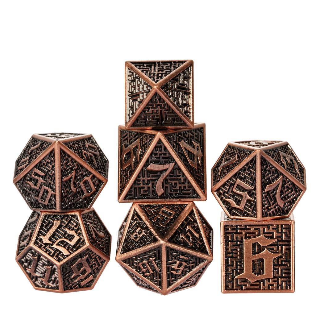 Cusdie DND Labyrinth Metallwürfel Massiv D4-D20 Polyederwürfel Set mit einzigartigem D4 für Rollenspiel Pathfinder Brettspiele TRPG