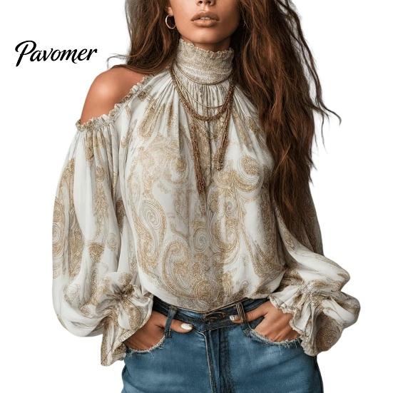 Ethnic Print Shirts Women Fall Cold Shoulder Shirt, Vintage High Casual Ruffle Top Collar Blouse, Lantern Sleeve Breathable Polyester