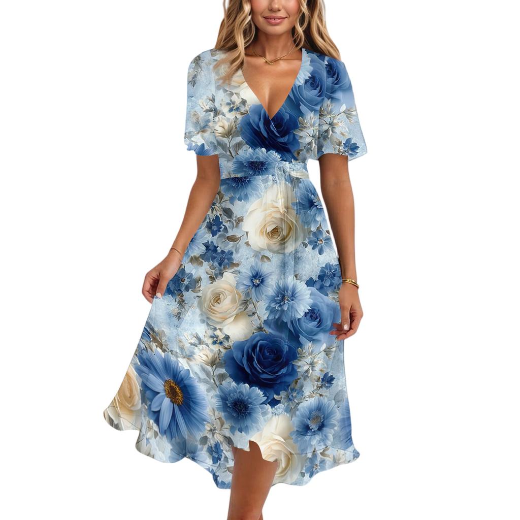 Women Casual V Neck Short Sleeve Floral Print Dress Vintage Style Midi Length Wrap Dress for Daily Wear