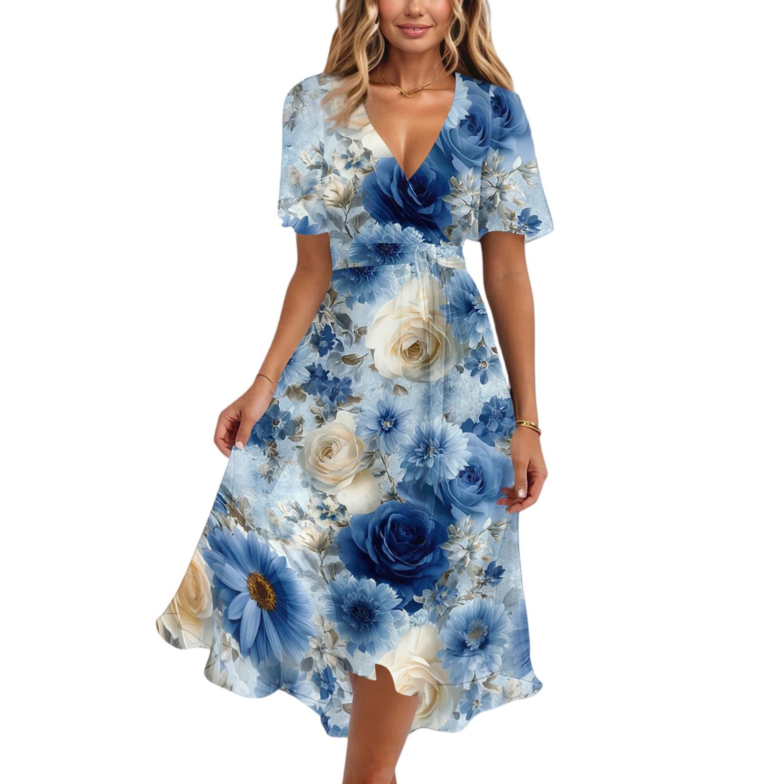 

Women Casual V Neck Short Sleeve Floral Print Dress Vintage Style Midi Length Wrap Dress for Daily Wear XL