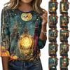 Women's Casual Halloween Print Round Neck Three-Quarter Sleeve T-Shirt for Seasonal Wear