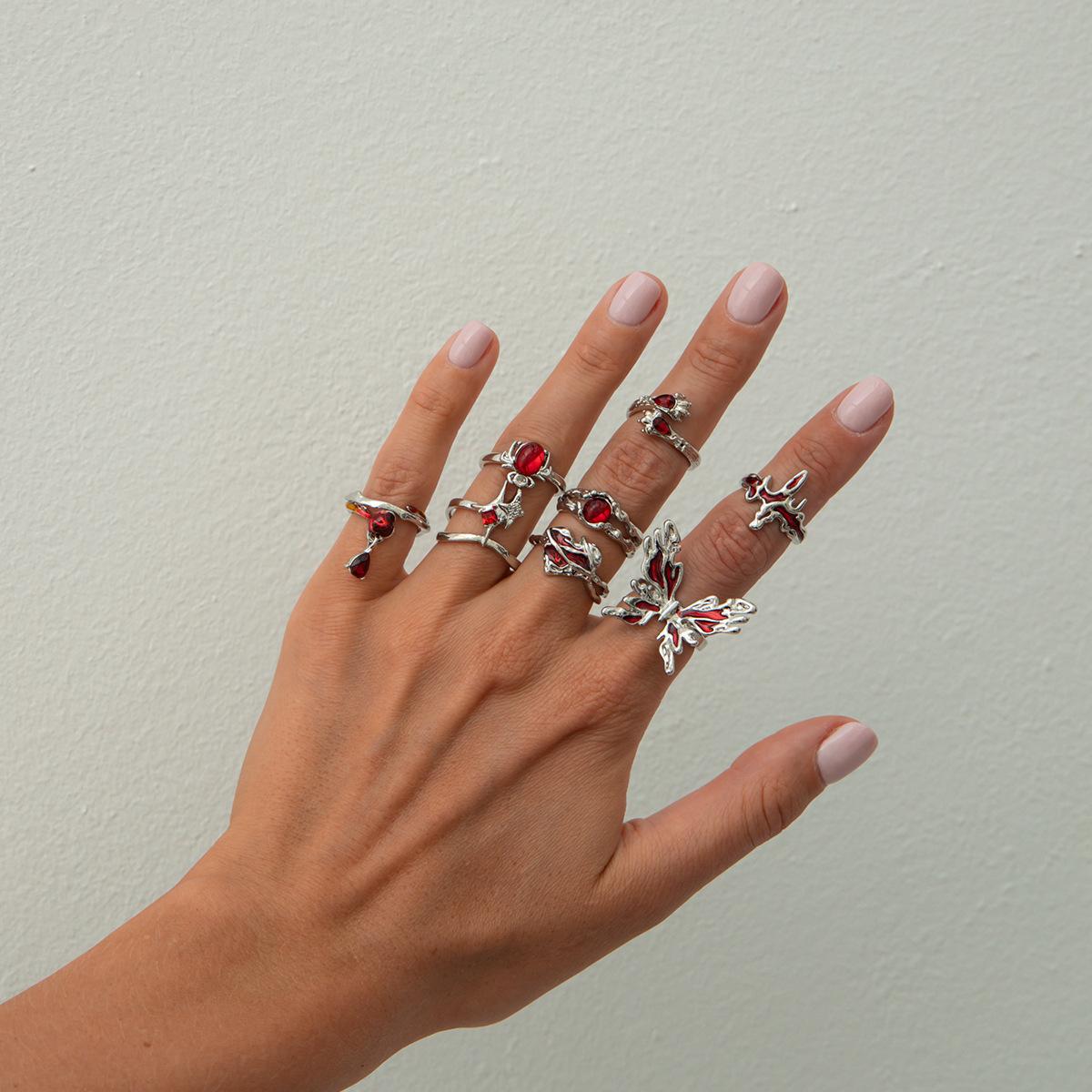 

8 шт. Эстетическое заявление Y2K преувеличенные кольца набор отверстий масляные капли бабочки преувеличенные винтажные гранж ювелирные изделия аксессуары