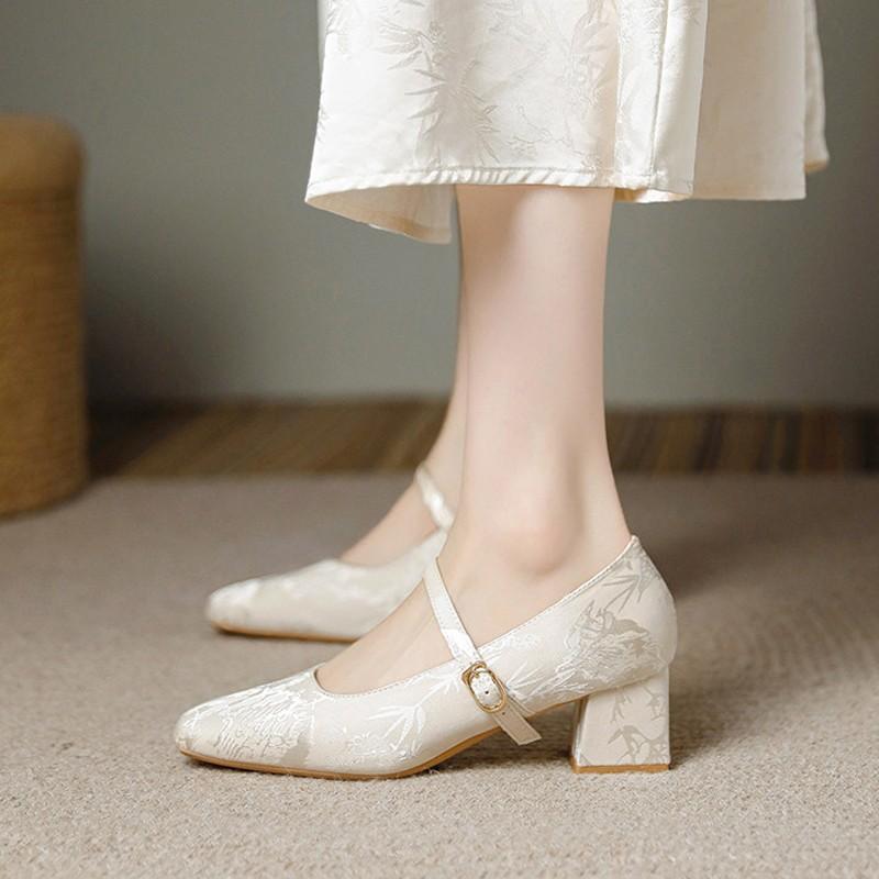 Women s Jacquard Floral Mary Jane Pumps Square Toe Single Strap Block Mid Heel Vintage Dress Shoes 35