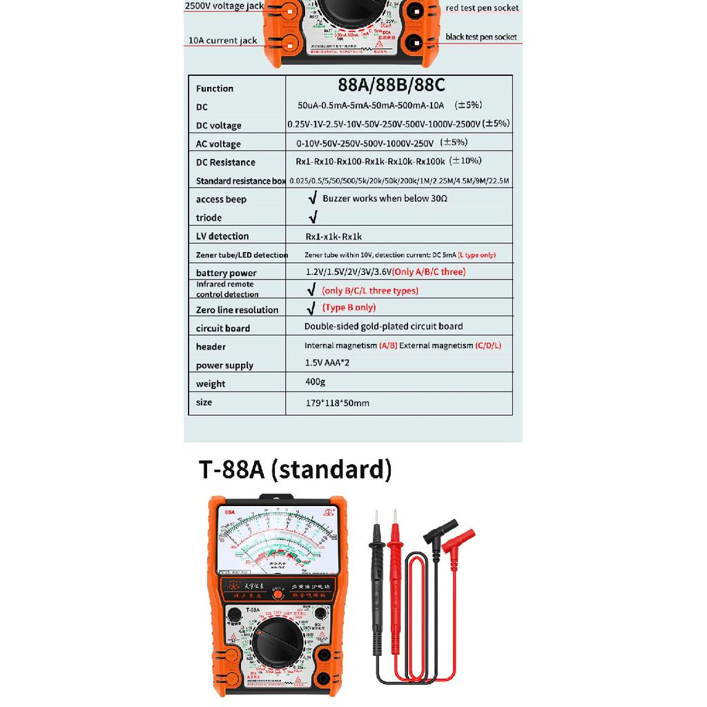 NJTY High Precision Pointer Multimetro T88A T88B T88C AC DC 2500V Voltmeter Ammeter Resistor Analog Multimeter Tester tools