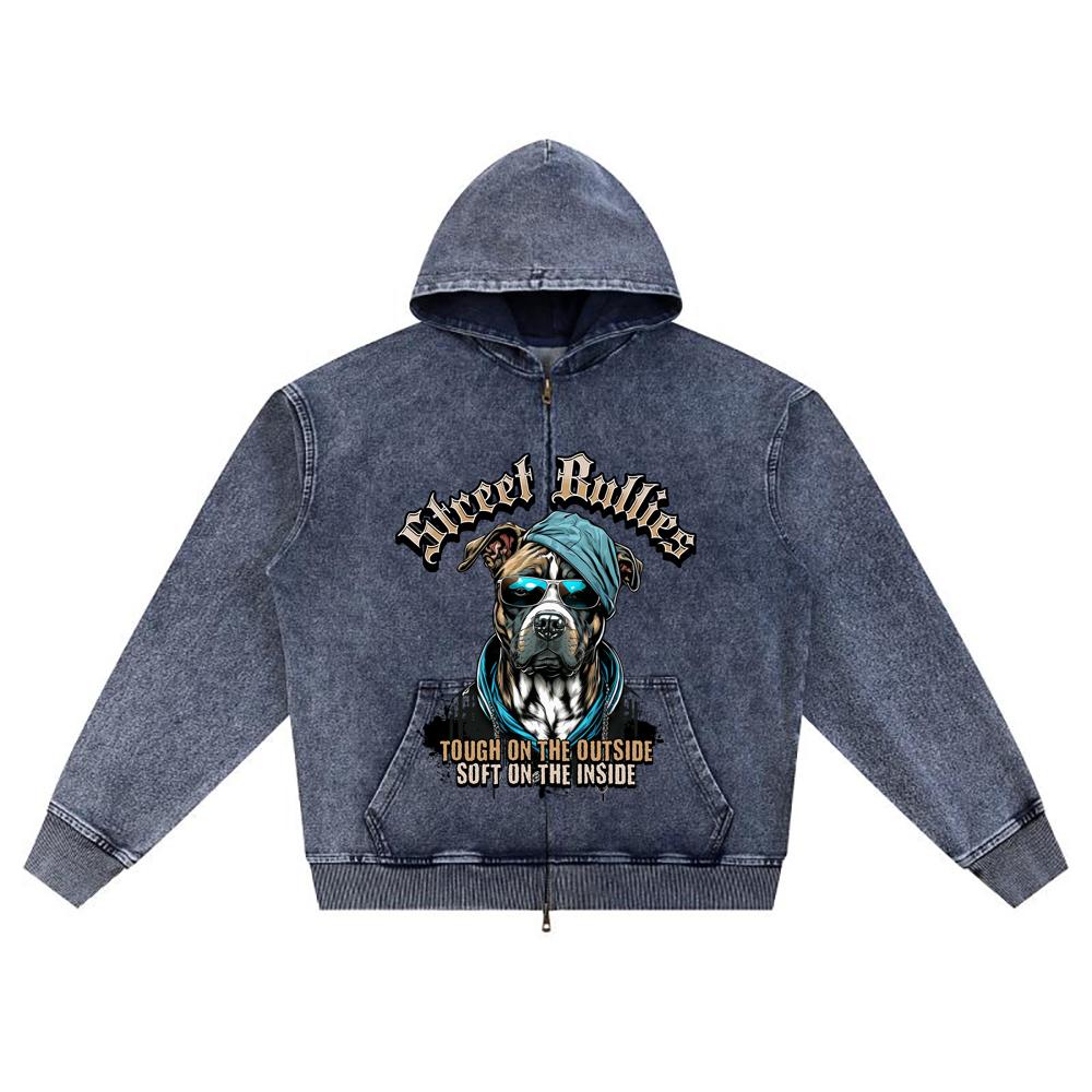 

DTG print Knitted Denim Zip-Up Hoodie Street Bullies Brother Print Zipper Hoodies XL