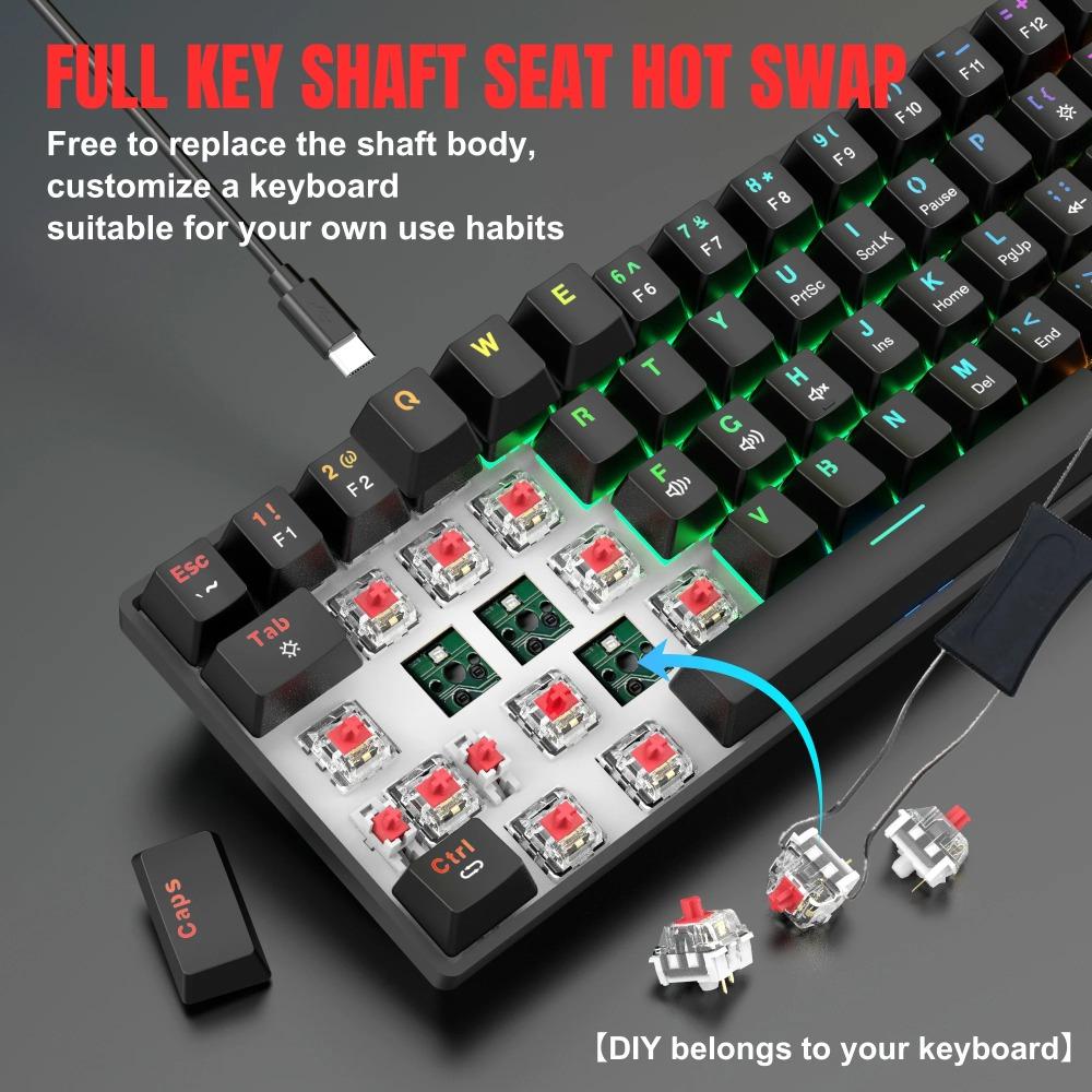 V900 61 Keys Wired Mechanical Gaming Keyboard, Red Switch, RGB Backlit, Ultra-Compact Mini Portable Hot-Swappable Keyboard