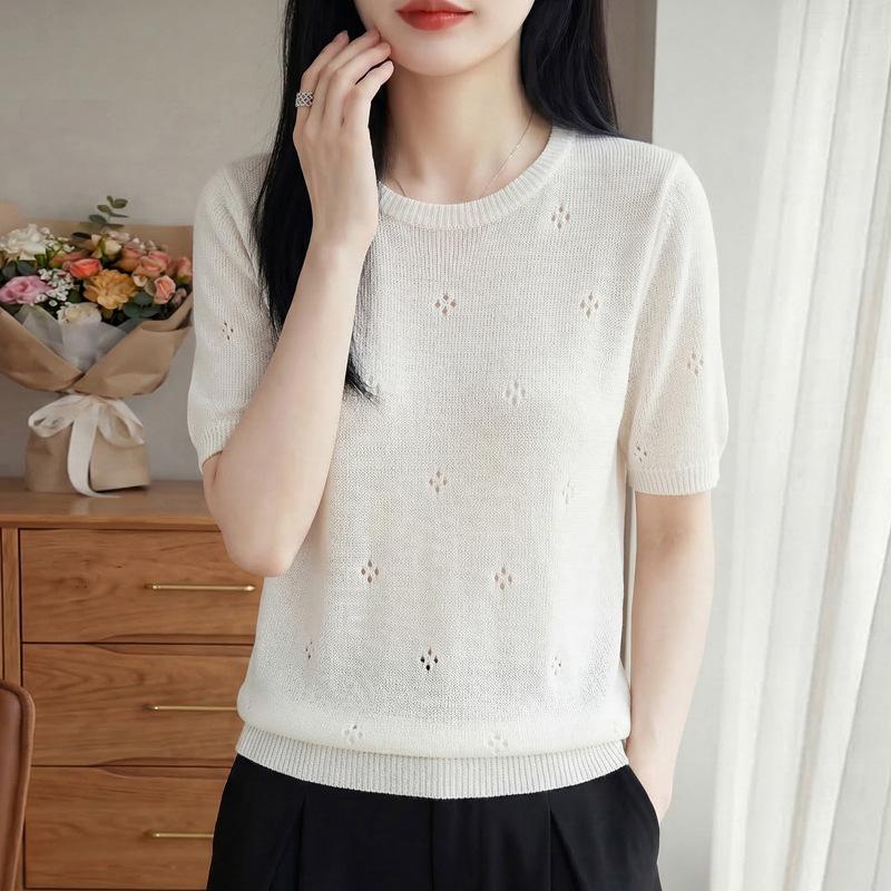 

Новая женская прозрачная однотонная вязаная футболка-пуловер с коротким рукавом и круглым вырезом для весны и лета M белый