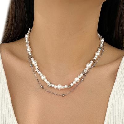 Fashionable Multilayer Star Charm Collar Necklace Adjustable Length Imitation Pearls Clavicle Chain Alloy Jewelry Gift