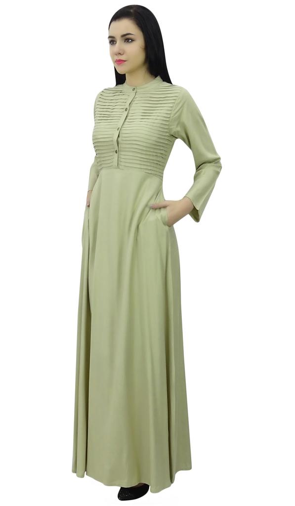 Bimba Women's Long Sleeve Maxi Mandarin Collar Plain Jilbab Dress With