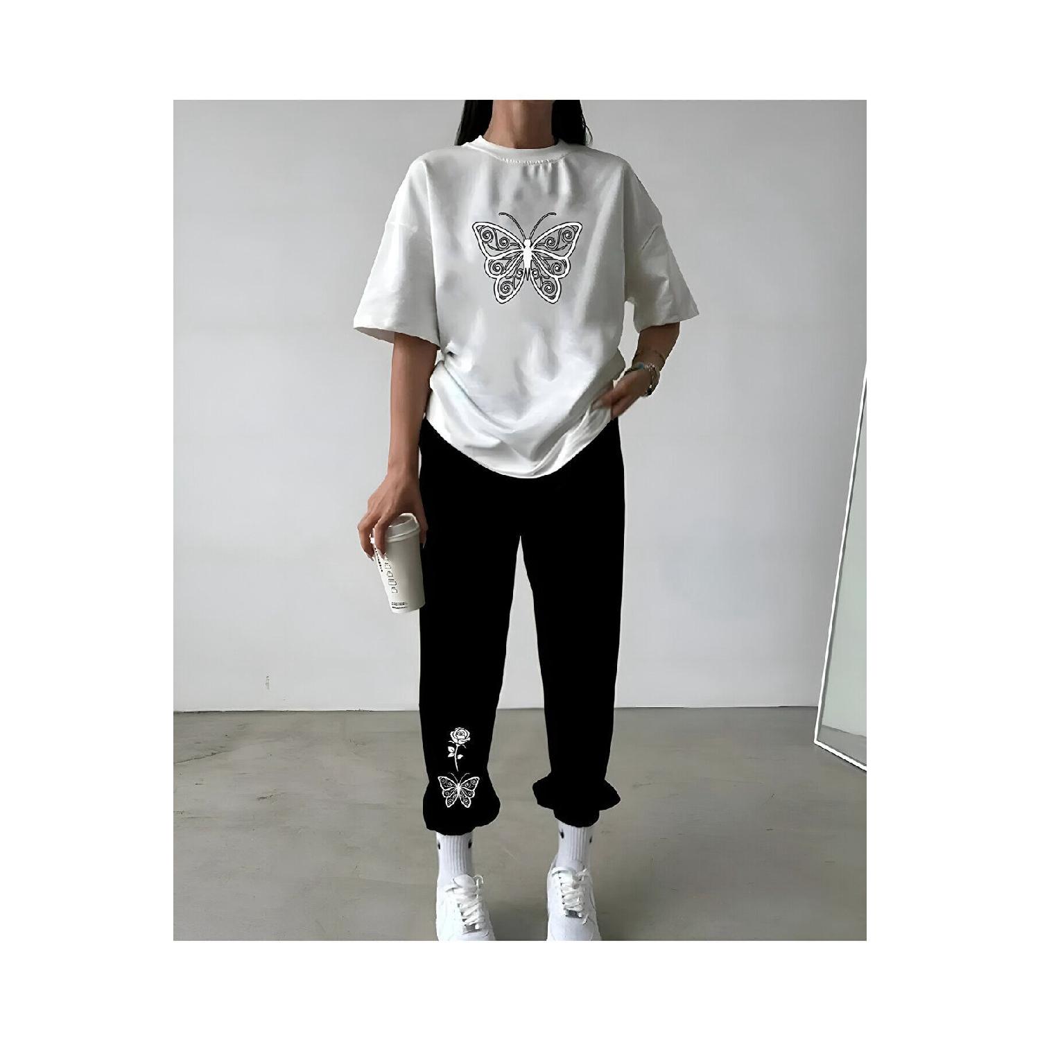 

Спортивные штаны и футболка Butterfly Rose — белая черная футболка Jogger Спортивный комплект Oversize с круглым вырезом S
