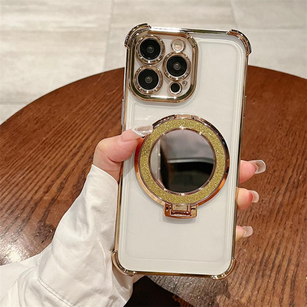 Plating Mirror Holder Stand Soft Silicone Four Corners Air Cushion Shockproof Protection Case for Samsung Xiaomi Poco Redmi