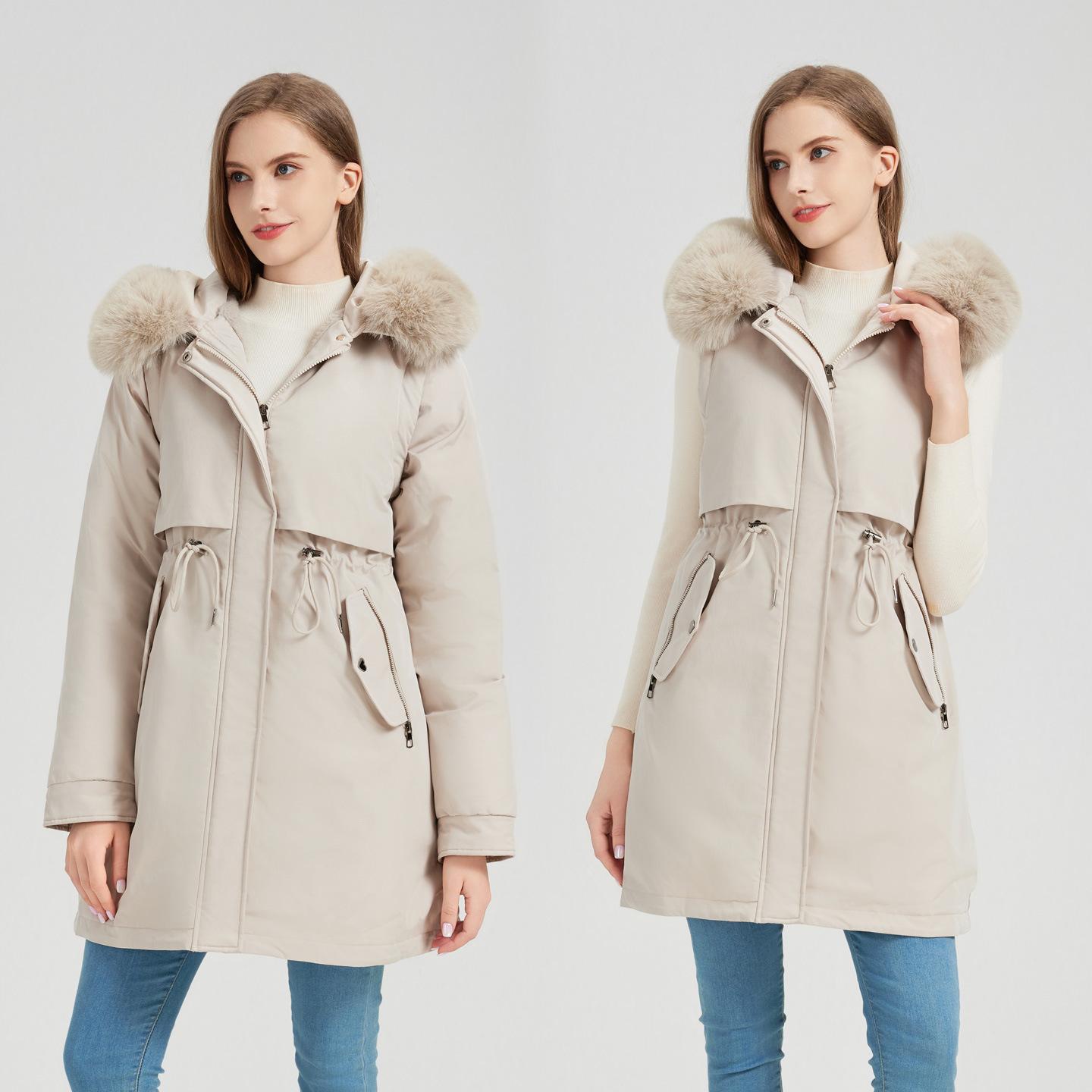 

Women s new fur collar hooded removable sleeves two wear thickened padded fluffy warm loose high quality fabric casual sports cotton jacket M бежевый