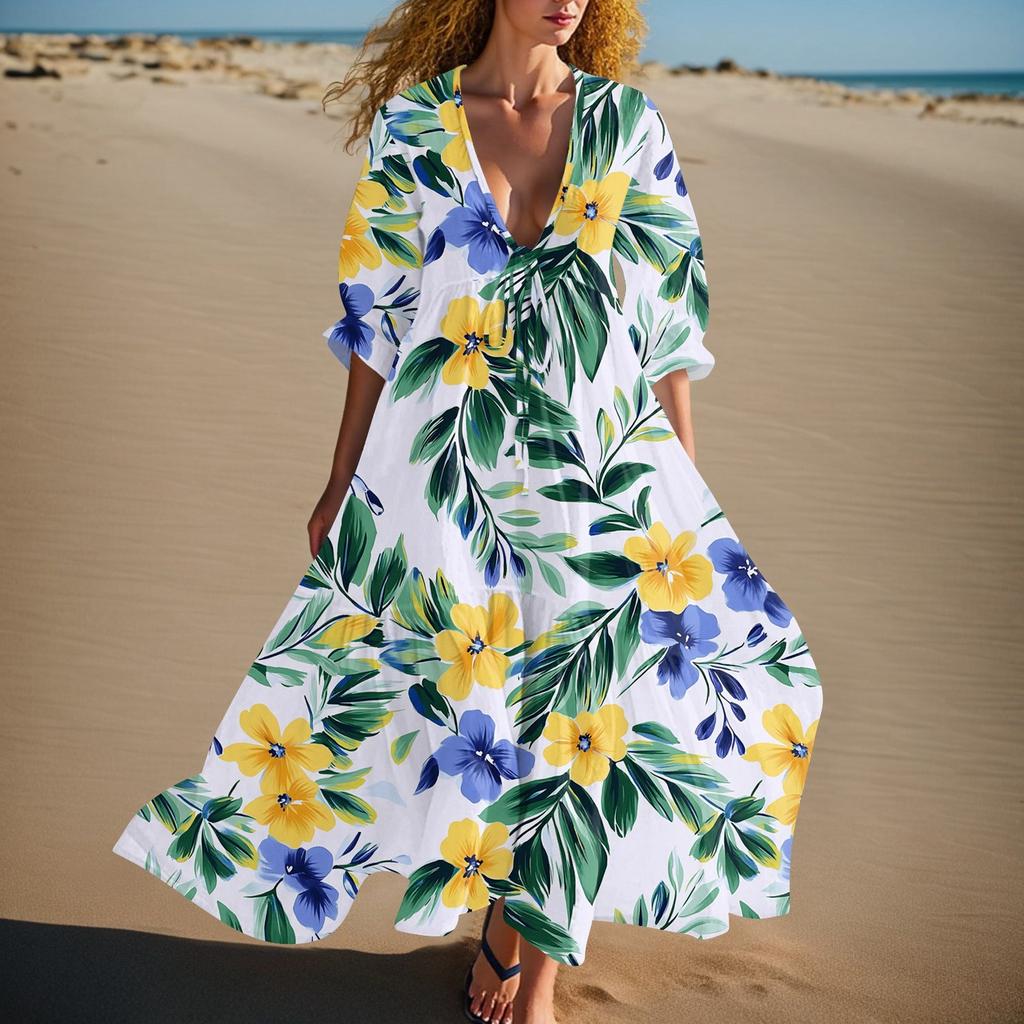 Women's Summer Fashion V-neck Retro Floral Print Short Sleeved Beach Dress With Lace Patchwork Dress