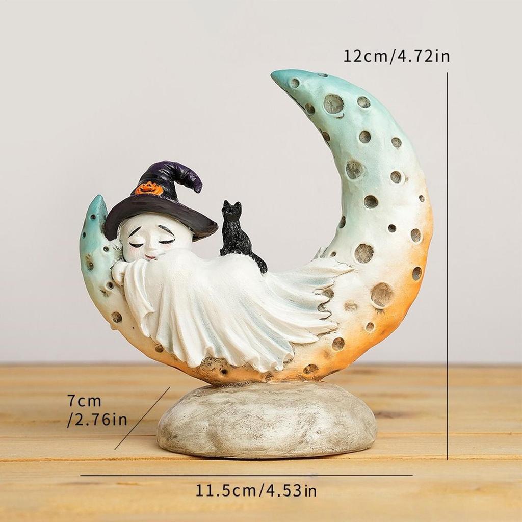 Creative mermaid moon little ghost Figurines  with Witch Hat Halloween resin craft Home Decor living room decoration for Holiday