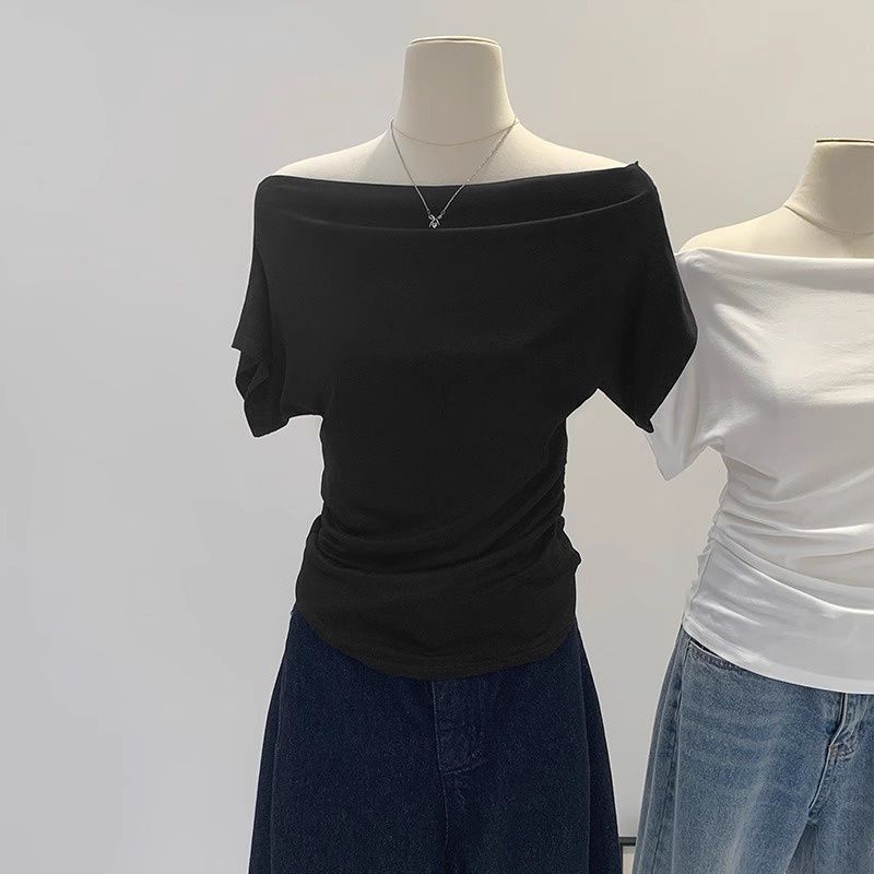 Sommer Reines Verlangen Ein Schulter Schwarz Kurzarm Damen T-Shirt Koreanischer Stil Schlankmachendes Top Freiliegende Schulter Modisch