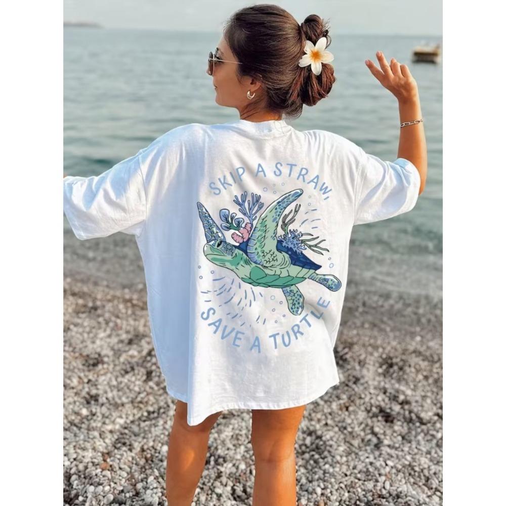 Letter Sea Turtle Print T-Shirt Ocean Sea Turtle Coral Graphic Women s Oversized Crew Neck Casual Tee for Daily Wear S