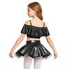 Girls Dancewear Off Shoulder Sleeveless Metallic Ruffle Crop Top and Shiny Tutu Skirt for Stage Competition Party Wear