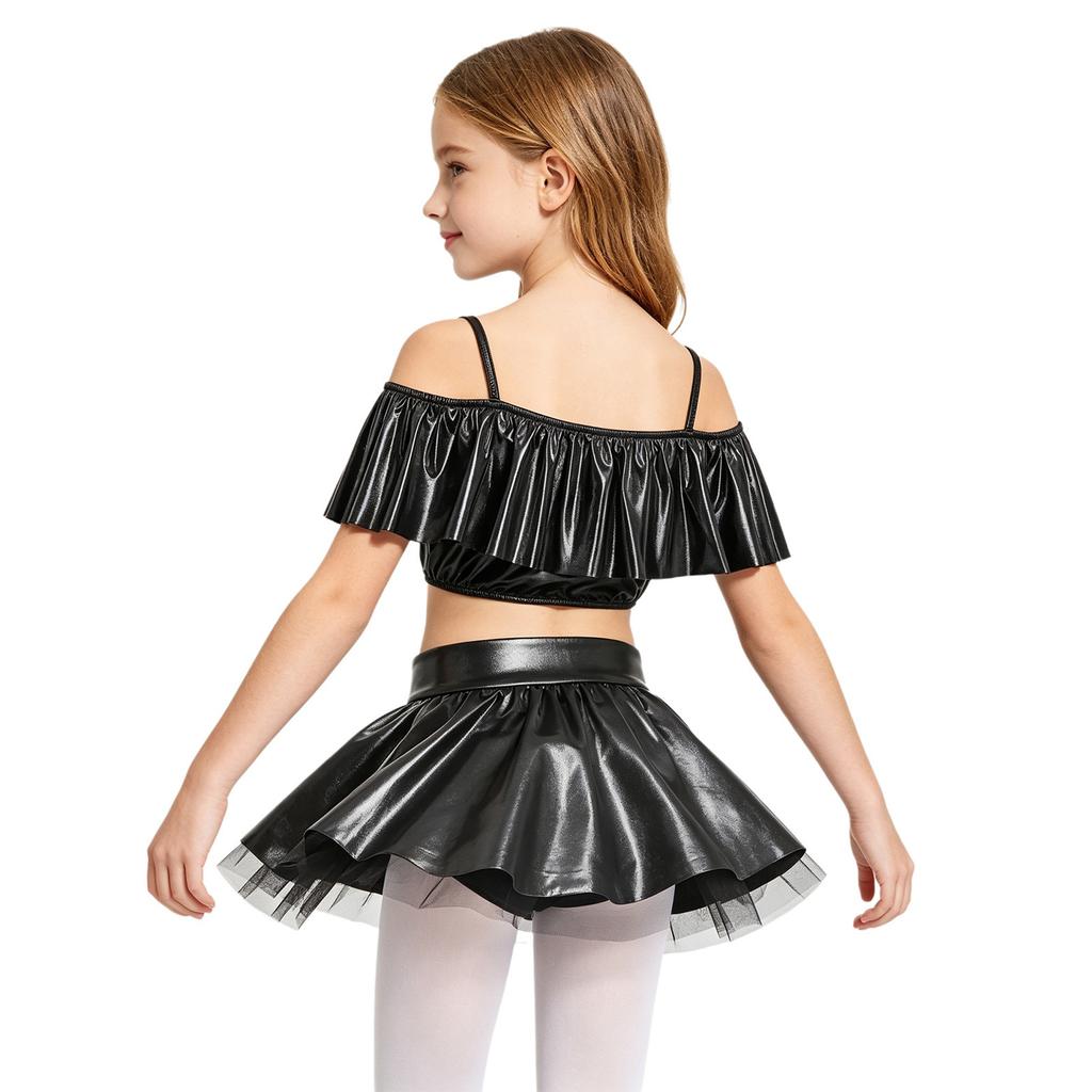Girls Dancewear Off Shoulder Sleeveless Metallic Ruffle Crop Top and Shiny Tutu Skirt for Stage Competition Party Wear