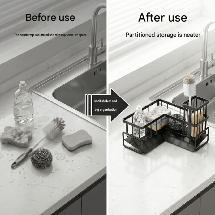 Cleaning Tool Storage Rack, L-Form Sink Corner Holder With Open Wire Baskets and Base Tray for Freestanding Sink-Side Storage for Daily Sink Cleaning
