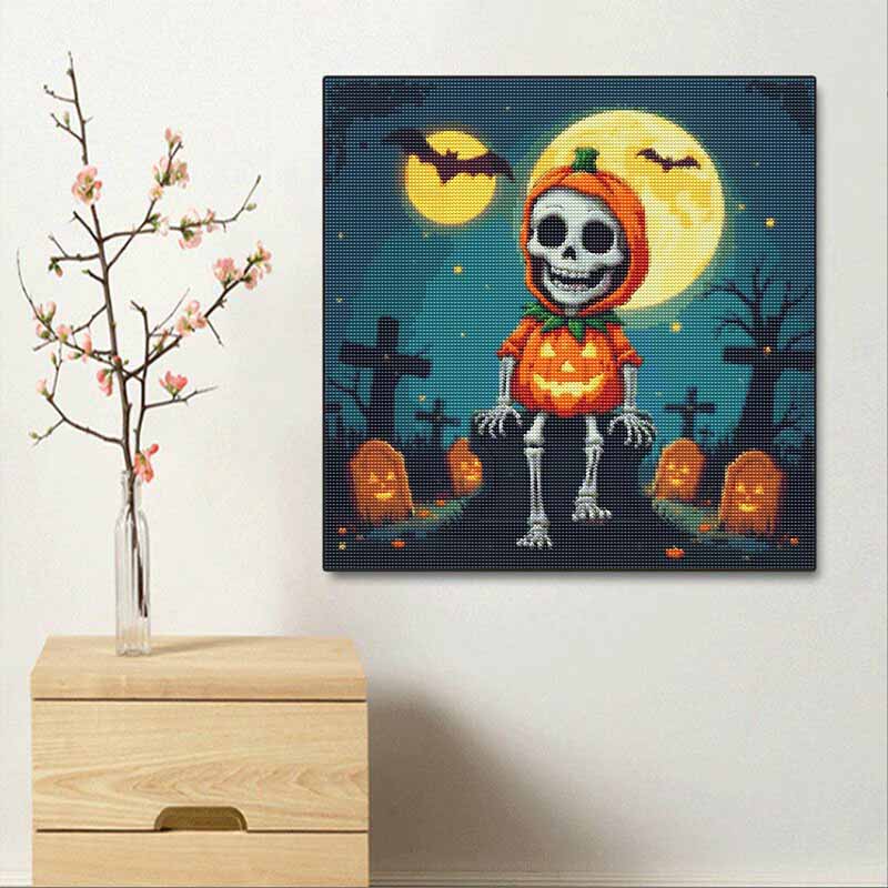 DIY Diamond Painting Canvas Pumpkin Skeleton Moon Pattern 5D Rhinestone Art Kit for Home Wall Decor Crafting Hobby Gift Set