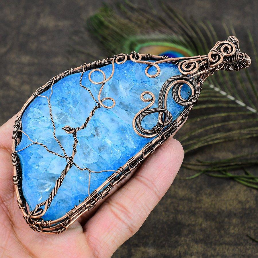 Natural Aqua Solar Druzy Gemstone Handmade Copper Wire Wrap Pendant 5.12 I2D76