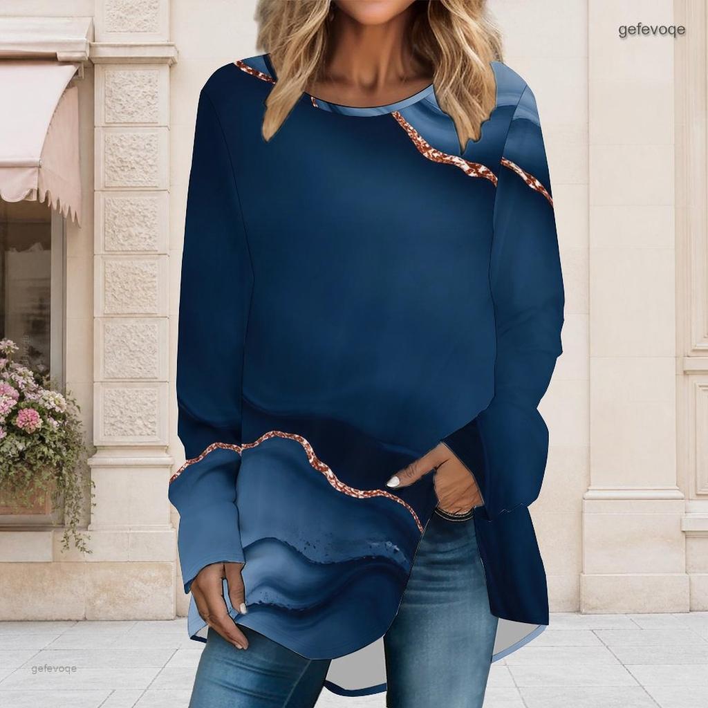 Ladies Plus Size Tie Dye Striped Long Sleeve T Shirt Round Neck Loose Irregular Hem Casual Tunic Top For Daily Wear